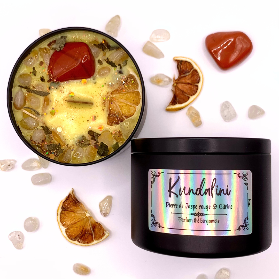 Bougie KUNDALINI ~ Parfum thé bergamote, pierres de Citrine et Jaspe rouge ~