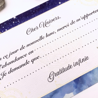 Bougie parfumée rituel NOUVELLE LUNE et sa carte d'intentions à remplir