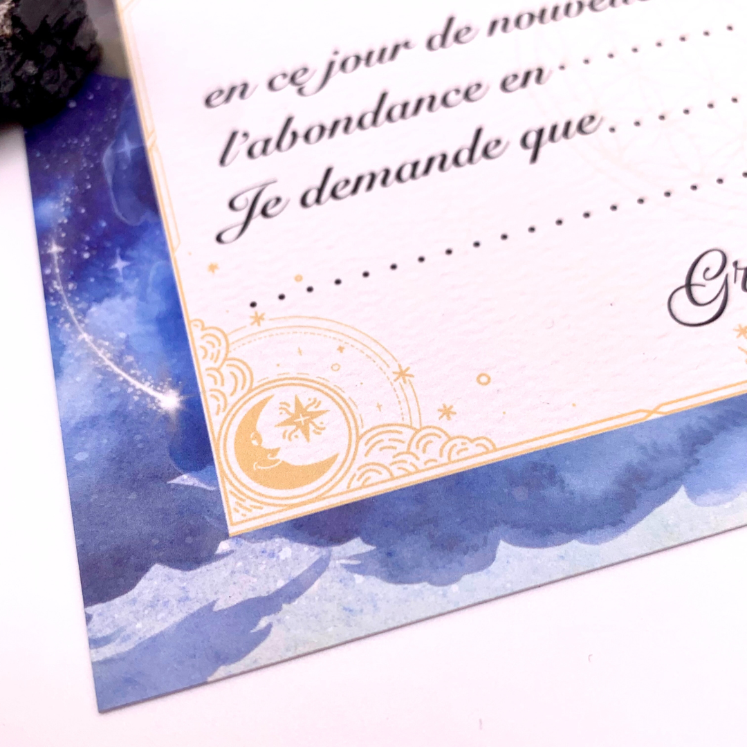 Bougie parfumée rituel NOUVELLE LUNE et sa carte d'intentions à remplir