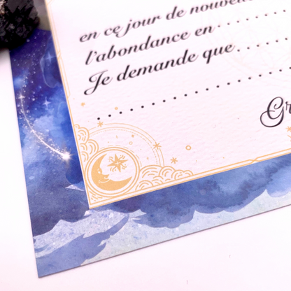 Bougie parfumée rituel NOUVELLE LUNE et sa carte d'intentions à remplir