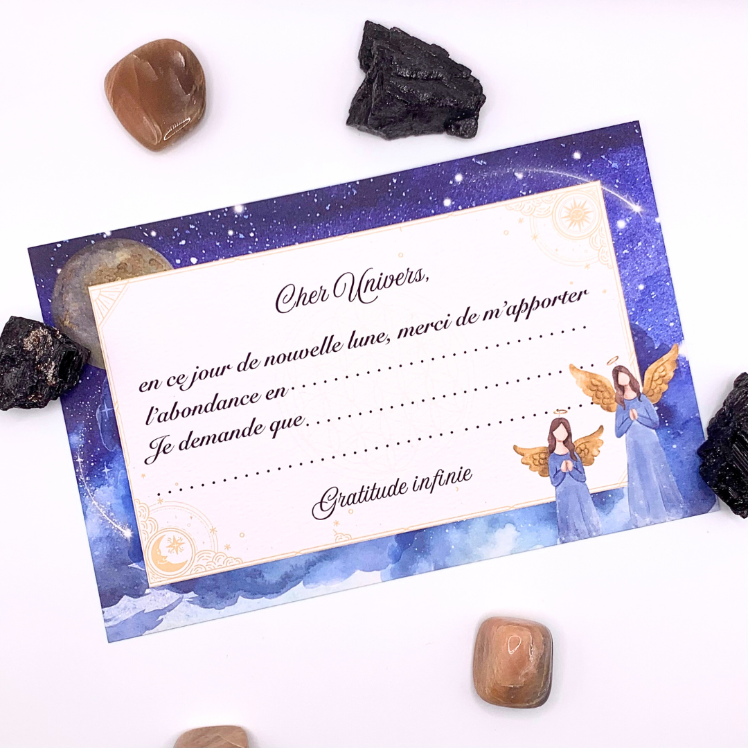 Bougie parfumée rituel NOUVELLE LUNE et sa carte d'intentions à remplir