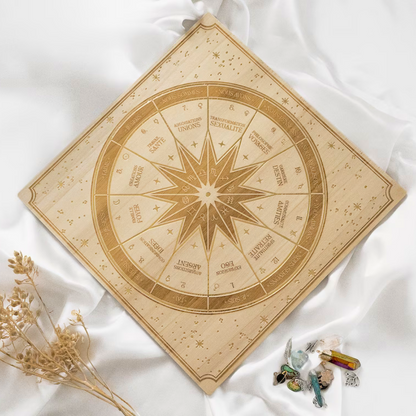 Wooden divinatory board for pendulum, charms and charms