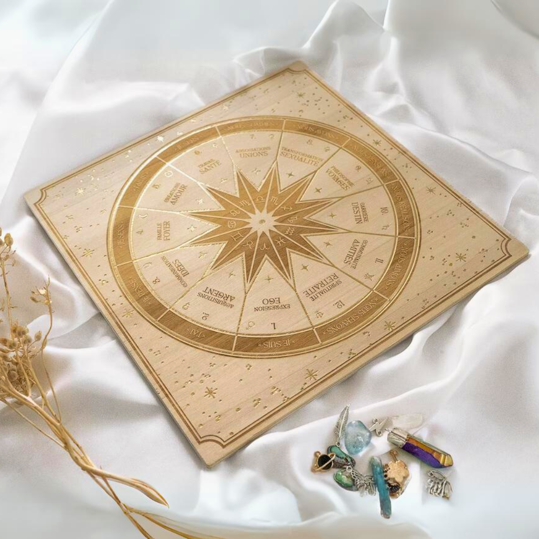 Wooden divinatory board for pendulum, charms and charms